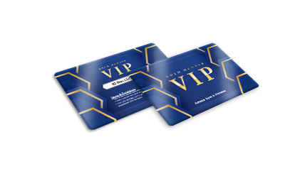 A card made of plastic printed with a dark blue and gold design that says “VIP”.