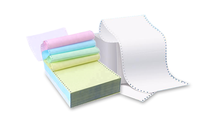 Two stacks of computer form paper sit next to each other, one multicoloured, the other in white.