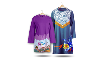 A round neck muslimah sublimation shirt with flower in dark cyan colour and a kid muslimah shirt in purple colour..