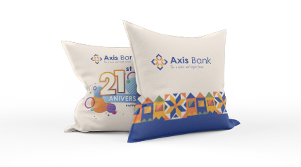 Two pillows promoting “Axis Bank” are placed side by side.