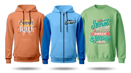 Custom Sublimation Sweatshirts & Hoodies Printing Malaysia 3 shirts are arranged next to one another, all of them of different design and colour.