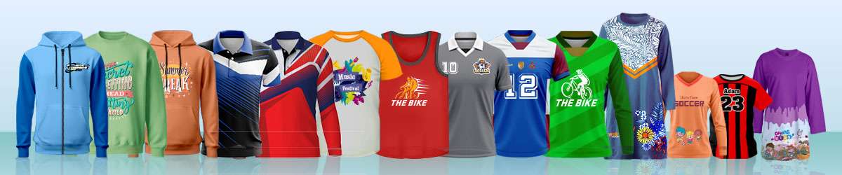 Fourteen sublimation shirts are displayed in a line, including various styles like hoodies, collared shirts, sleeveless shirts, V-necks, and kids' shirts in a range of colors: blue, green, orange, red, grey, and purple.