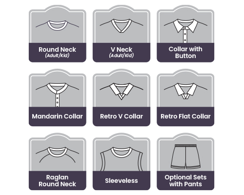 Various collar types are displayed, including round neck, V-neck, button-down collar, mandarin collar, retro V collar, retro flat collar, raglan round neck, sleeveless, and soccer pants.