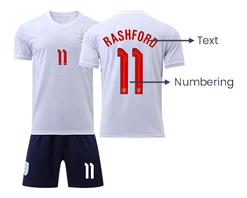Sublimation round neck shirt and soccer pants displayed with variable data printing, featuring the name “Rashford” and the number 11.