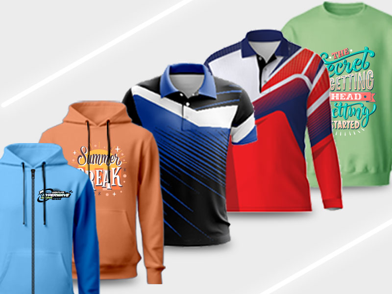 Five models of sublimation shirts are displayed in the image, featuring: hoodie, hoodie with zip, collar with button short sleeve, collar with button long sleeve, and sweatshirt.