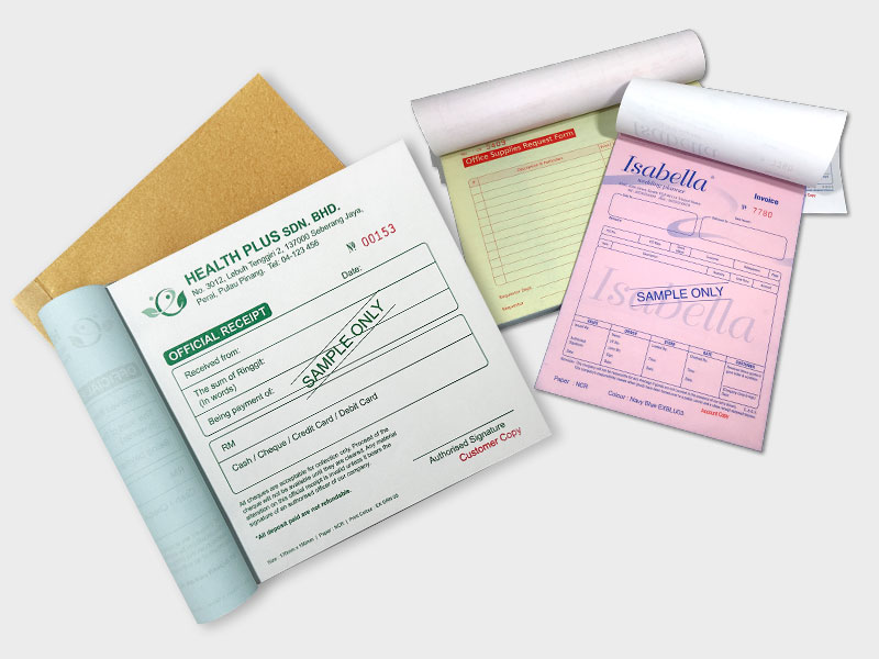 An image of three carbonless bill books. The first is an 'Official Receipt' from Health Plus SDN. BHD, the second is an 'Office Supplies Request Form,' and the third is an invoice from Isabella. Each has carbonless forms in different colors labeled 'SAMPL