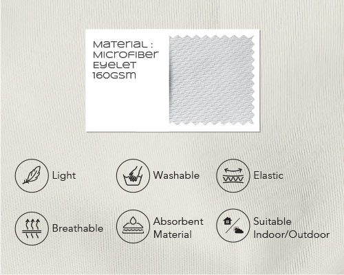 Close-up of Lycra texture demonstrating its comfort and durability. Below are several icons indicating its functions: light, stretchable, sport/active wear, comfortable and elastic.