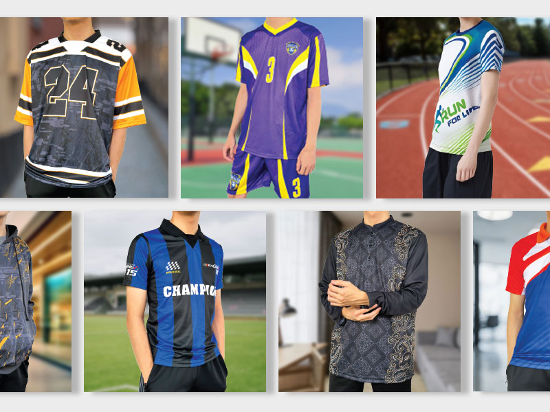 An image showcasing five sublimation shirt models: NFL Oversize, V Neck with Soccer Pants, Sublimation Collar with Button, Hoodie, and Retro V Collar, each styled with matching scenes.