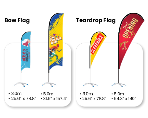 A display of four wind flags in different sizes and styles, each featuring unique event-themed designs