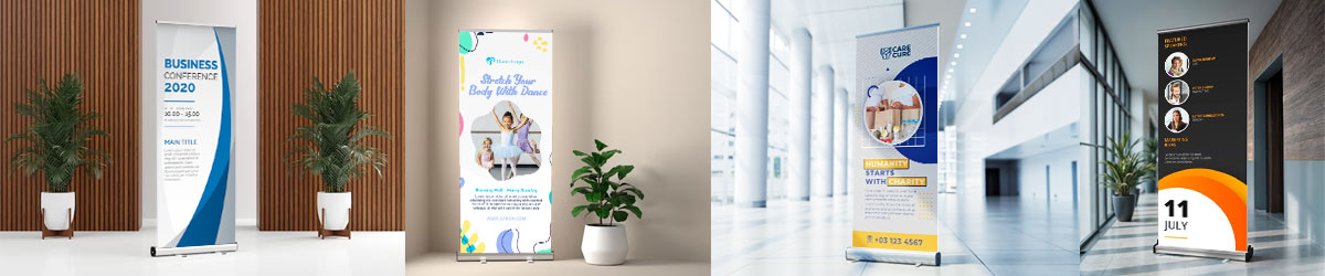 A sleek blue roll-up stand featuring the message “It’s Time to Travel – Explore the World with Us!” The image displays both the front and back views, highlighting the complete roll-up stand set.