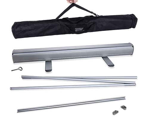 A close-up shot displaying the roll-up stand’s aluminum base, accessories, and the included storage bag for convenient portability.