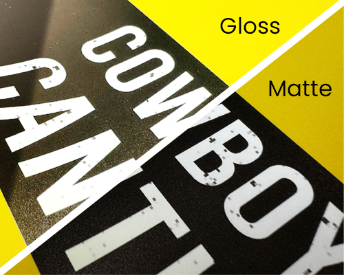 A close-up shot showcasing the texture of roll-up stand materials, highlighting the difference between gloss and matte lamination.