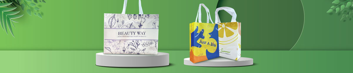 A vibrant image featuring three rPET Non-Woven Bags in assorted styles and sizes, designed for different events such as Shopping, Bakery, and Drink Shops. The bags are displayed with matching thematic scenes, set against a clean green background to highli