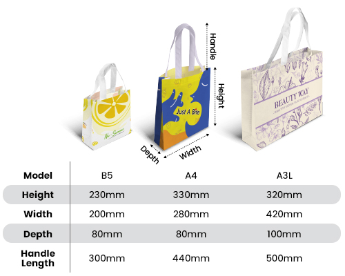 Visual display of 3 rPET non woven bag models with a size chart highlighting their different dimensions.