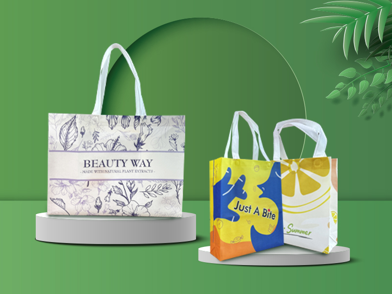 An image showcasing three rPET Non-Woven Bags in different styles and sizes, each tailored for various use: Shopping Bags, Bakery Shops, and Drink Shops, arranged in a dynamic and visually appealing layout.