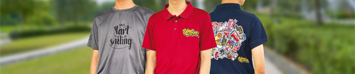 An image of three models wearing shirts in different colours, each representing custom shirt printing methods like Silkscreen printing and DTF printing, with a park background for a casual lifestyle look.