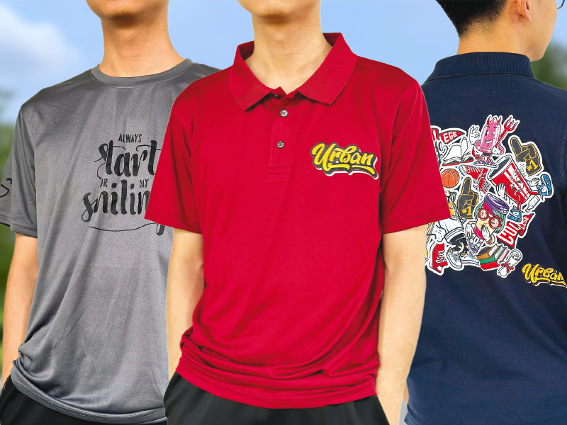 An image of three models wearing shirts in different colours, each showcasing popular custom t-shirt printing methods such as Silkscreen printing and DTF printing.