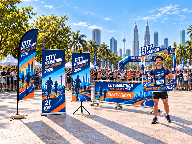 Large format printing displays at a city marathon, featuring event flags, roll-up banners, start and finish signage, and a photo frame with a runner.