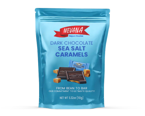 A resealable standing pouch with a metallic, light blue design is labelled Dark Chocolate Sea Salt Caramels.