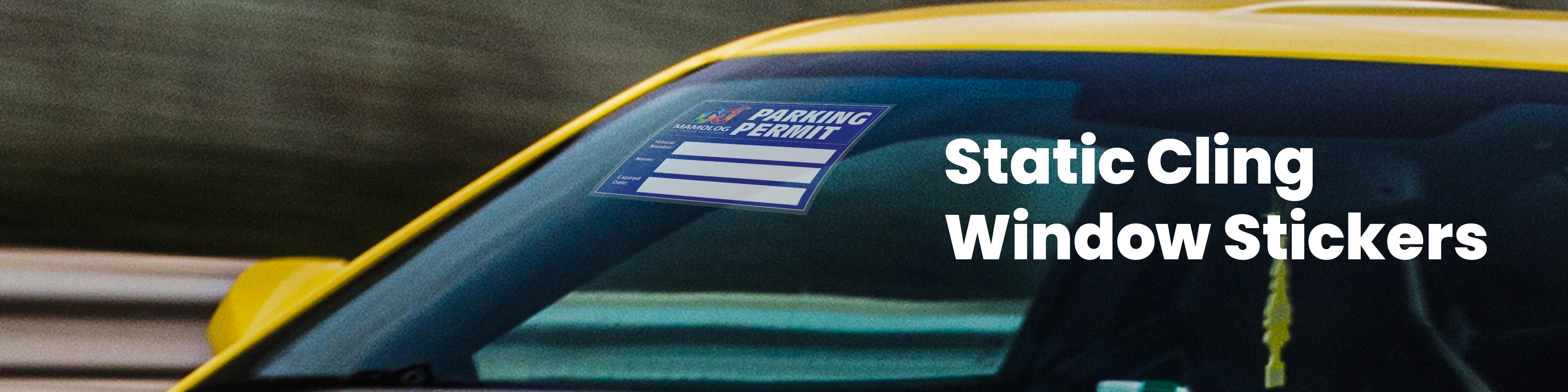 A static cling window sticker sticks on the car window, printed with a design in blue stating 'parking permit'. 