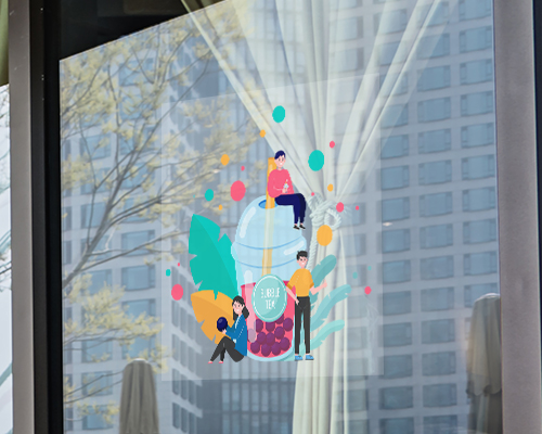 A cheerful and colourful static cling window sticker is placed on the window with illustrations of bubble milk tea, two boys and a girl.