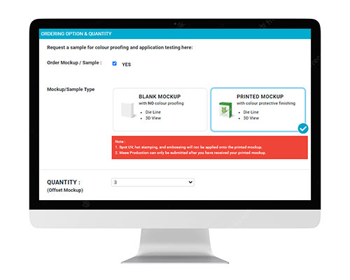 A PC monitor displaying purchase for the mock up samples (minimum 3pcs) with options printed mock up or blank mock up.
