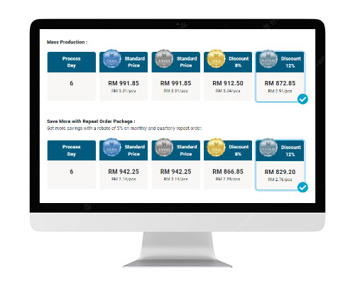 A PC monitor displaying the price of packaging box mass production and also the savings with 5% rebate on monthly and quarterly repeat orders.