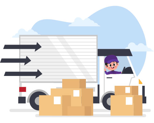 A driver wearing a cap is driving a lorry and is ready to deliver the boxes to customers.