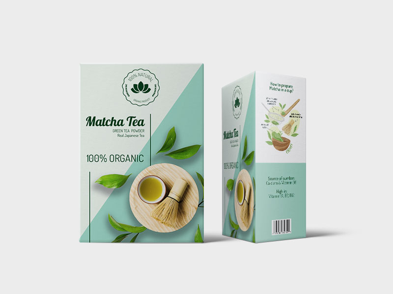 Two green colour packaging boxes with a design 100% organic matcha tea powder.
