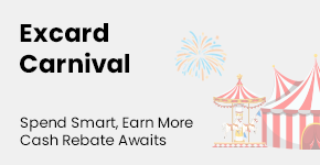 Excard Carnival: A vibrant scene of fireworks bursting over a circus tent, with the words 'Spend Smart, Earn More. Cash Rebate Awaits