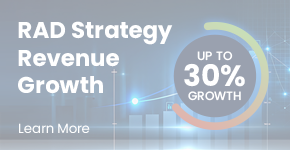 A statistic show the increasing bar, featuring the words Guarantee 30% Growth Strategy In Business with focus on RAD Strategy Revenue Growth.