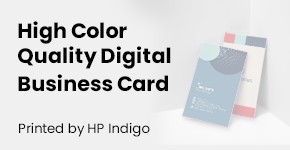 Two business cards are shown: one blue with personal information and another colorful one behind it, promoting our high-color-quality digital business cards printed by HP Indigo.