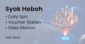 A futuristic sky city filled with technology, featuring text introducing the Syok Heboh marketing campaign highlights: daily spin, voucher station, and sales mission. Includes a call to action: Join Now