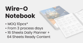 A blue Wire-O Notebook beside an open one showing diary planner content. Key features include MOQ 10 pcs, 3 process days, and 16 diary planner sheets + 64 ready content.