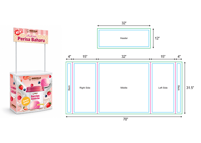 Promotional sampling counter display with printed graphics, overhead header sign, and a wraparound counter.