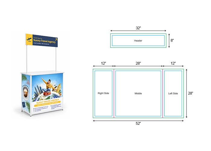 Promotional sampling counter display with overhead header sign and printed wraparound counter.