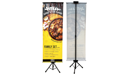 A tripod stand bunting features a restaurant promotion food set.