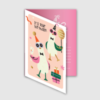 A birthday half fold greeting card with cheerful cartoon in pink colour.