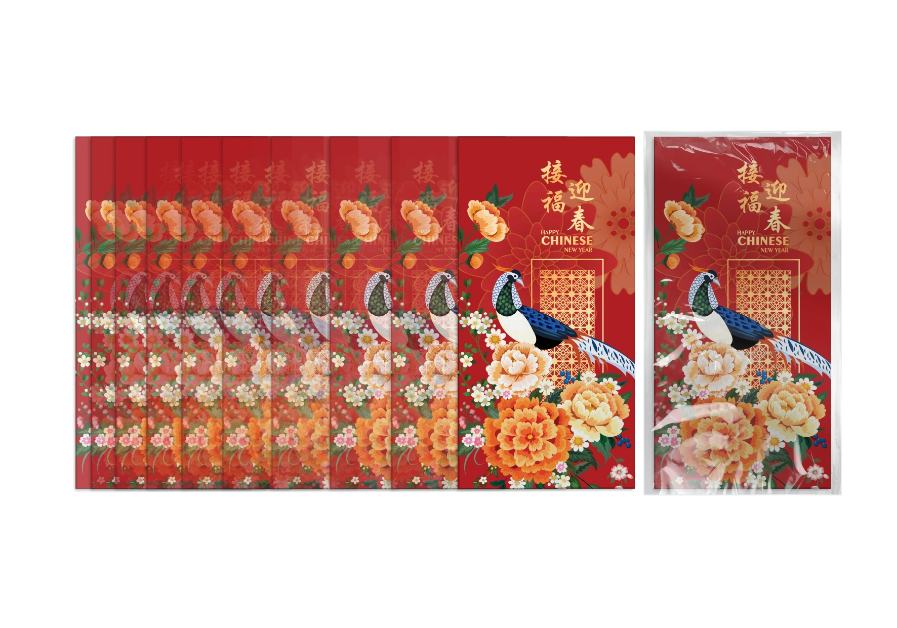 Custom printing premium raya packets in 10 pcs per pack retail packaging.