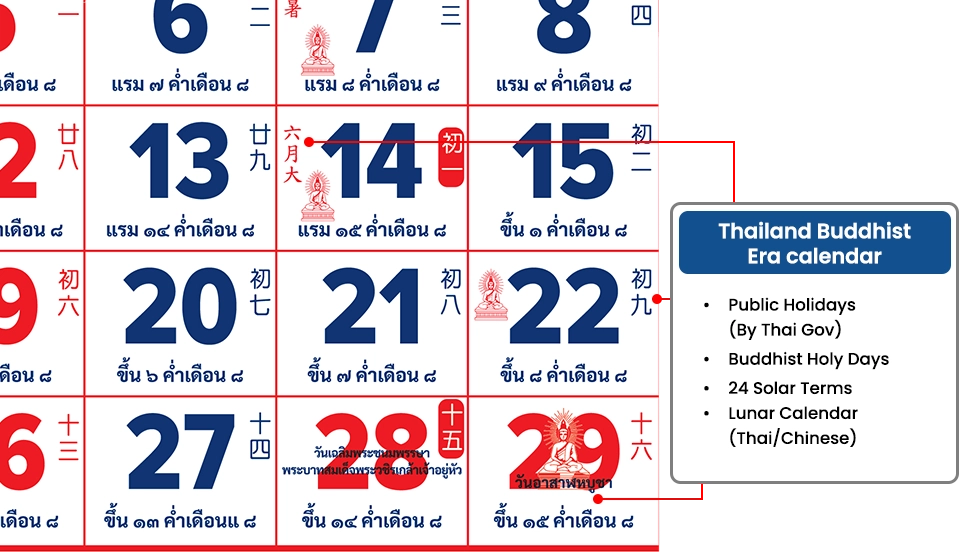 Colorful Thai Buddhist calendar highlighting important Buddhist holidays and traditional Thai festivals.