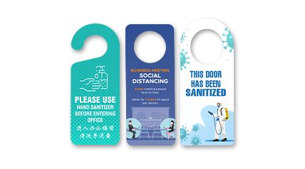 A series of 3 door hangers in different shapes and designs are arranged in a row.