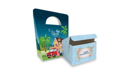 Two gift boxes are arranged side by side, one features a handle while another is a flip-lid box.