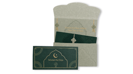 Money packets (ang pows) placed side by side, featuring designs for Hari Raya and Chinese New Year.
