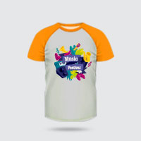 A sublimation shirt with raglan round neck for musical festival in orange and white.