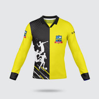 A retro flat collar sublimation shirt for sport in school with black and yellow color.
