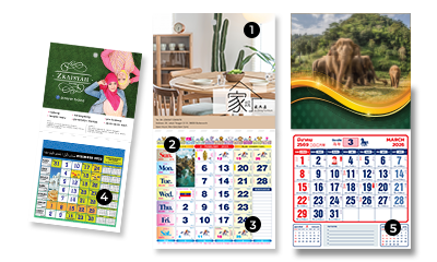 A racing horse calendar, a islamic calendar and a thailand buddhist era calendar with various design.