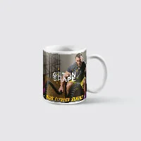 A mug with a man picture in black.