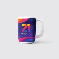 A anniversary mug with geometric design in purple, red, orange, yellow and blue.