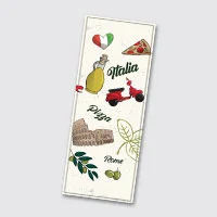 A rectangle bookmark with flag of italy in a heart, colosseum, motorcycle and oil.