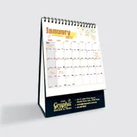 A hard stand calendar with hot stamping at the bottom show January calendar.